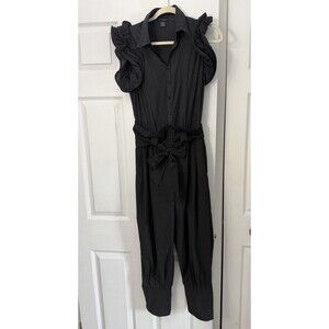 Gracia Womens Jumpsuit Black Ruffle Sleeve Button Front Tie Waist One Piece Sz S